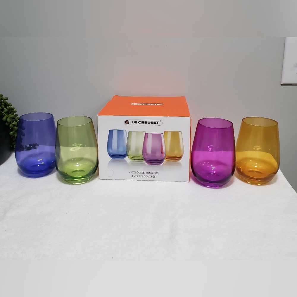 Multi-colored Stemless Tumblers Wine Glasses Set of 4 Le Creuset NEW